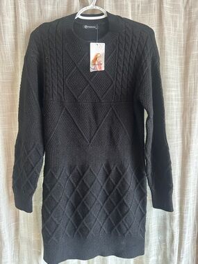 Black Cable Knit Crewneck Sweater Dress - Unknown Brand